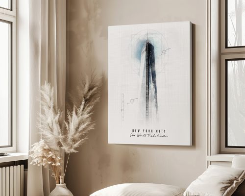Artistic representation of One World Trade Center in New York City with geometric elements.