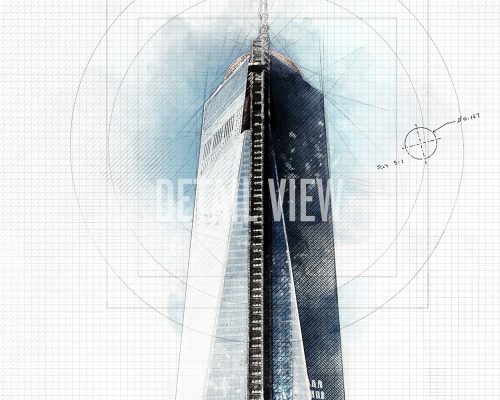 Illustration of One World Trade Center with a grid background and architectural details.