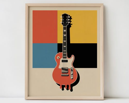 Framed electric guitar poster featuring red guitar against colorful geometric background with orange, yellow, blue, and black blocks in retro pop art style