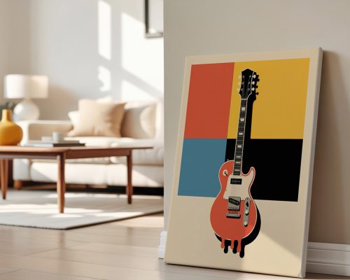 Framed electric guitar poster featuring red guitar against colorful geometric background with orange, yellow, blue, and black blocks in retro pop art style