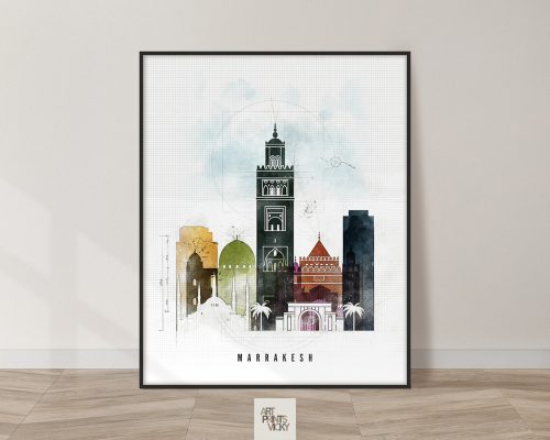 Art print featuring a stylized illustration of Marrakesh's architectural landmarks in various colors.