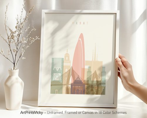 Art print of Rabat featuring stylized buildings and landmarks in soft colors.