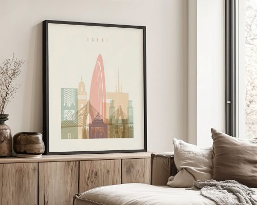 Framed artwork depicting various architectural landmarks of Rabat in a modern style.
