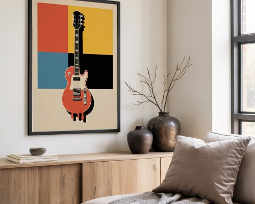 Framed electric guitar poster featuring red guitar against colorful geometric background with orange, yellow, blue, and black blocks in retro pop art style