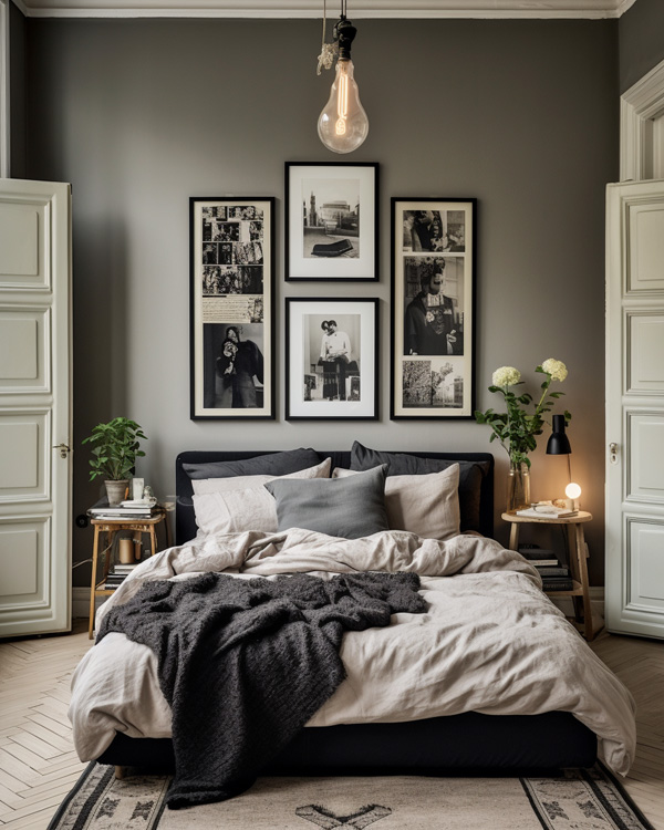 A modern bedroom featuring a bed with gray bedding and framed black-and-white photographs on the wall.