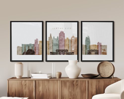 Three framed art prints depicting the skyline of Kansas City in soft colors.