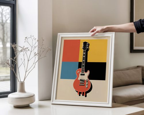 Framed electric guitar poster featuring red guitar against colorful geometric background with orange, yellow, blue, and black blocks in retro pop art style