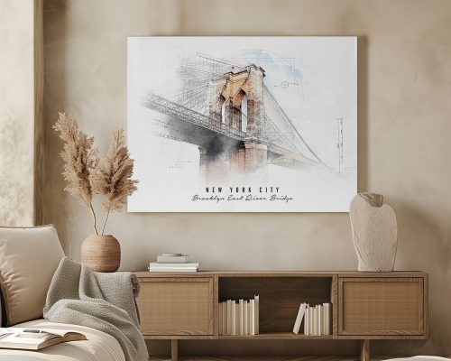 Artistic representation of the Brooklyn Bridge with 'New York City' text below on a wall.