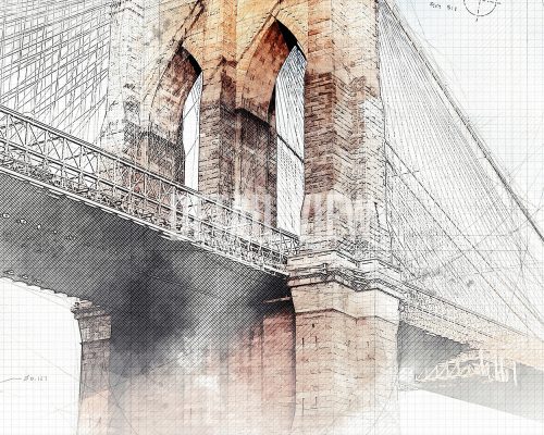 Artistic sketch of the Brooklyn Bridge showcasing its arches and cables in a detailed line drawing.