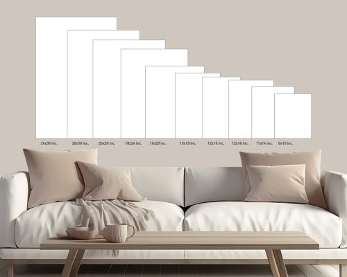 Visual size guide displaying various frame dimensions for artwork on a wall above a sofa.