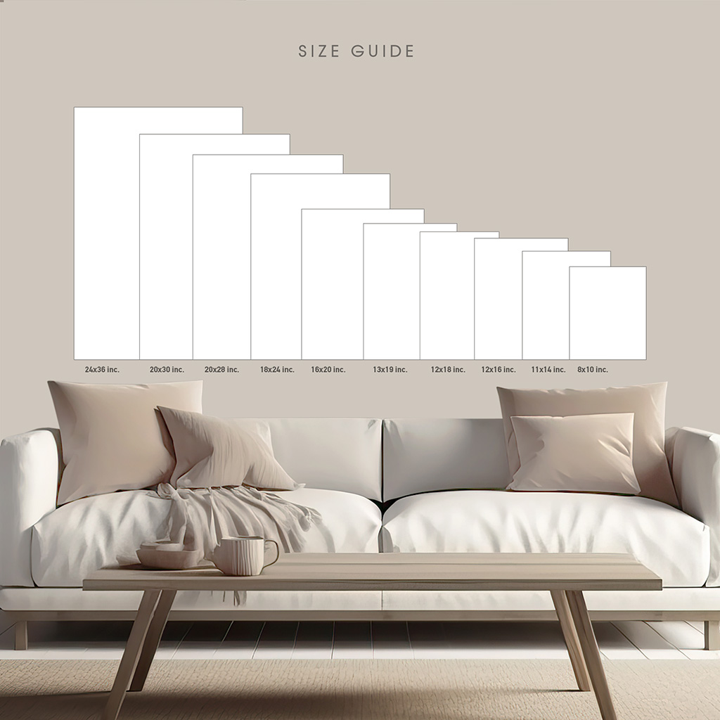 Visual size guide displaying various frame dimensions for artwork on a wall above a sofa.