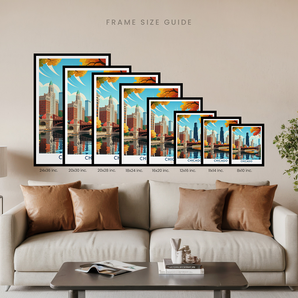 Illustration of various frame sizes for a Chicago skyline artwork displayed on a wall above a sofa.
