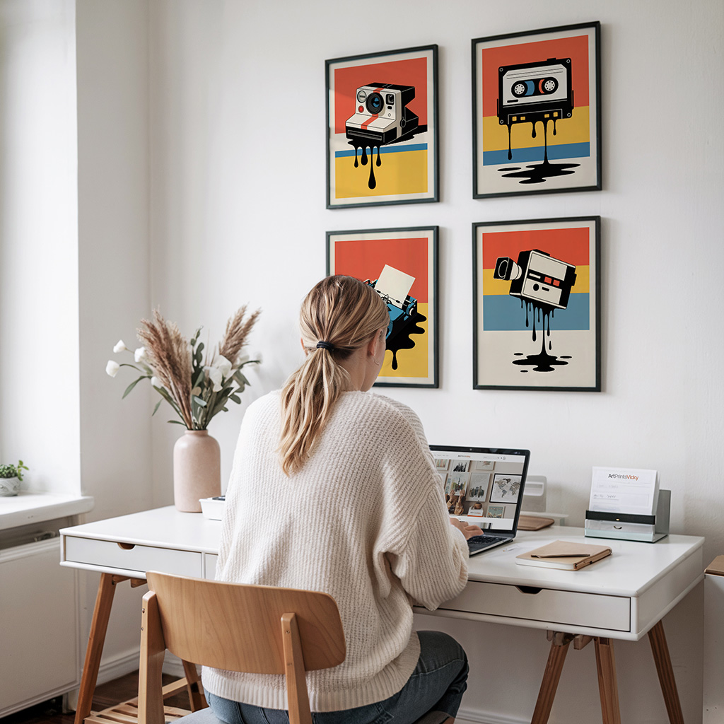 Four framed prints of vintage cameras with colorful backgrounds displayed on a wall above a desk.