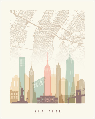 Artistic representation of New York City skyline with landmarks and a map overlay.