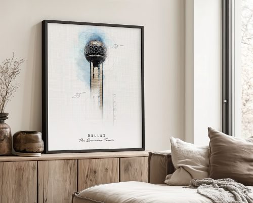 Artistic representation of the Dallas Reunion Tower with a watercolor effect and labeled text.