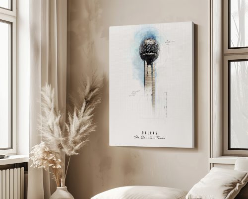 Artistic representation of Dallas Reunion Tower with a blue and white color scheme.