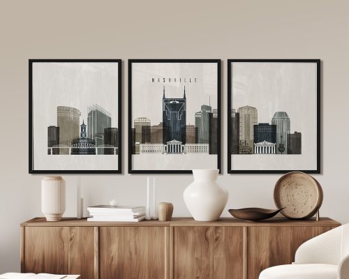 Three framed art prints depicting the skyline of Nashville with notable buildings and landmarks.