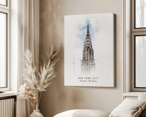 Artistic representation of the Chrysler Building in New York City with a light background.