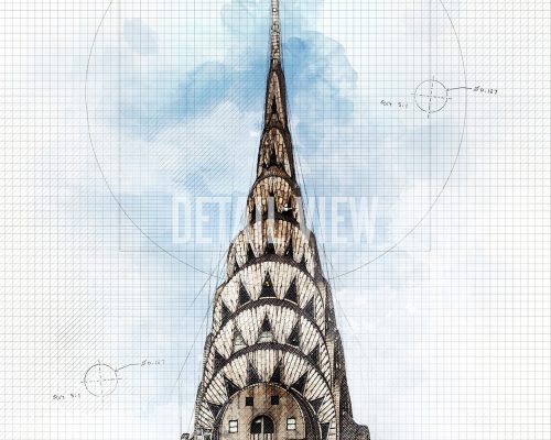 Illustration of the Chrysler Building's spire with architectural details and measurements.