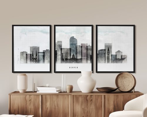 Three framed art prints depicting a stylized skyline of Denver in black and white.