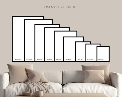 Illustration of different frame sizes displayed on a wall above a sofa.