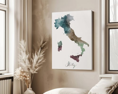 Watercolor illustration of Italy with a blend of blue, green, and purple colors on a white background.