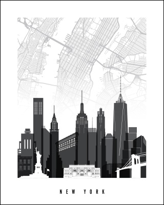 Illustration of the New York City skyline with prominent buildings and a map background.