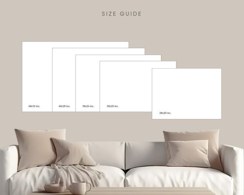 Size guide displaying various dimensions for framed prints on a wall above a sofa.
