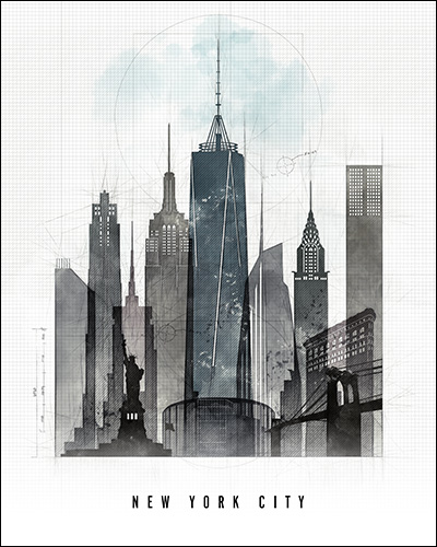 Artistic representation of the New York City skyline featuring iconic buildings and the Statue of Liberty.