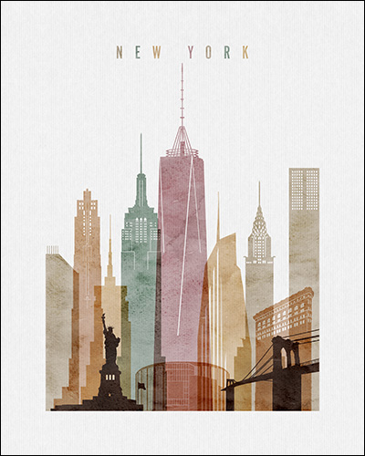 Artistic representation of the New York City skyline featuring iconic buildings and the Statue of Liberty.