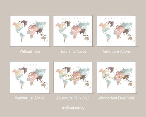 Collection of world map art prints featuring various title options and color schemes.