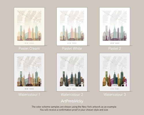 Various color scheme samples of New York City map artwork displayed in six frames.