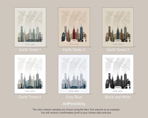 Six variations of New York City map designs in different color schemes and tones.