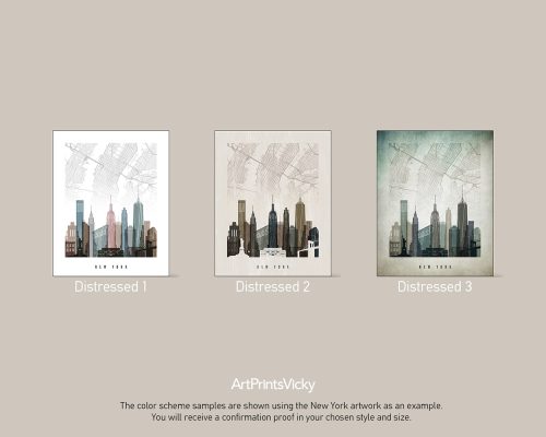 Three samples of distressed artwork featuring New York City skyline in different color schemes.