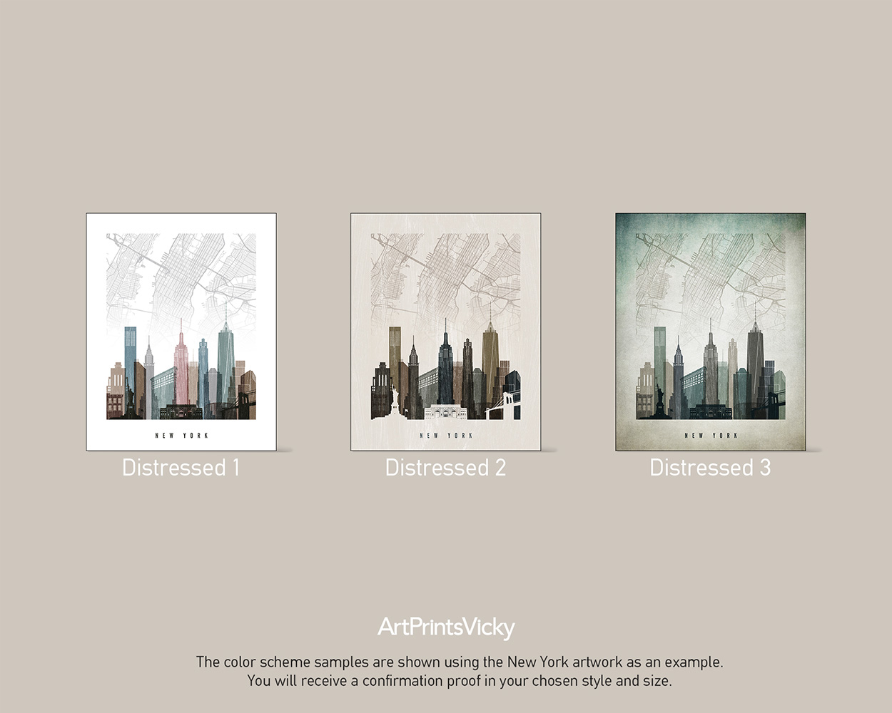 Three samples of distressed artwork featuring New York City skyline in different color schemes.
