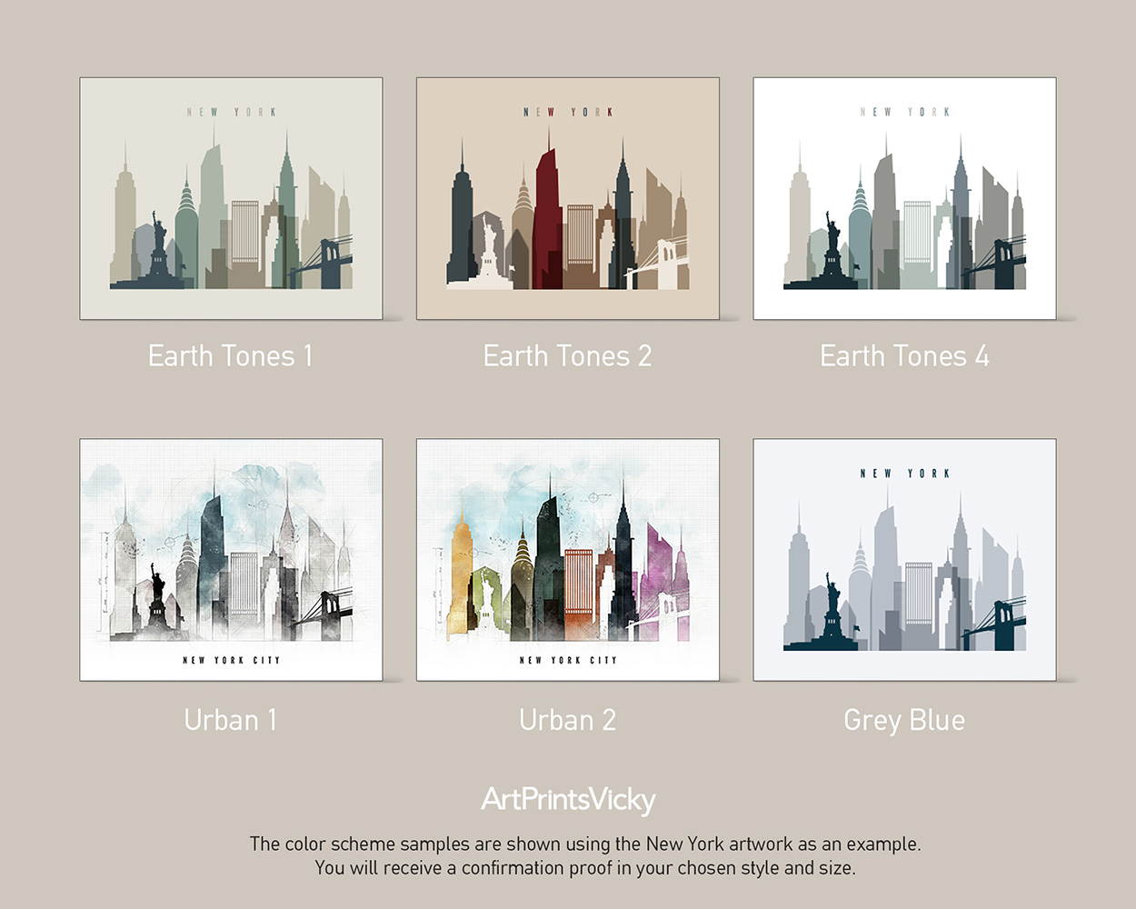 Six color scheme samples of New York City skyline artwork featuring different tones and styles.