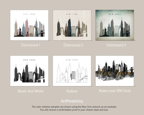 Six different artistic representations of the New York City skyline in various color schemes.