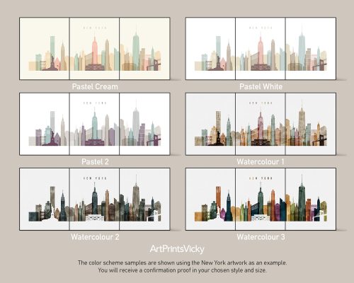 Three color scheme designs featuring the New York City skyline in pastel and watercolor styles.