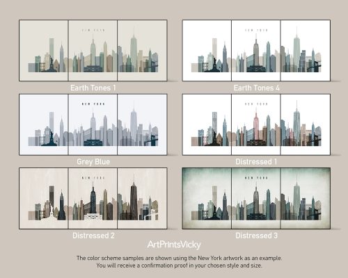 Three color scheme samples of New York City skyline in various styles and tones.