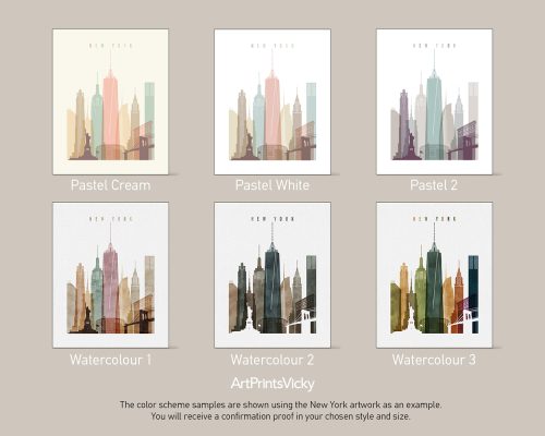 Six color scheme samples featuring New York City skyline in various pastel and watercolor styles.