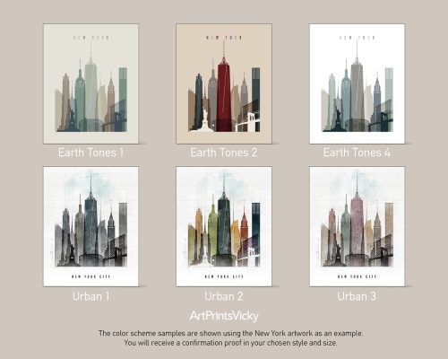 Six color scheme samples featuring New York City skyline in various tones and styles.