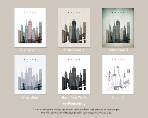 Six color scheme samples featuring New York City skyline in various styles and tones.