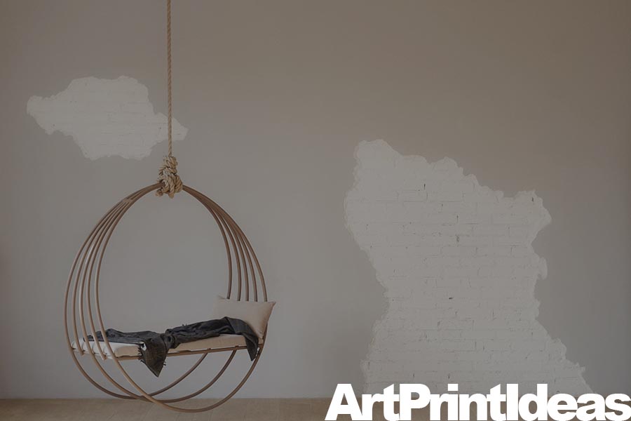 A circular hanging chair made of wood with a cushion, suspended from the ceiling.