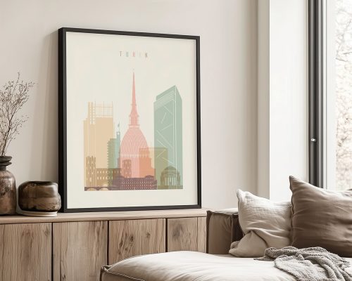 Illustration of Turin's skyline featuring prominent buildings in soft colors.