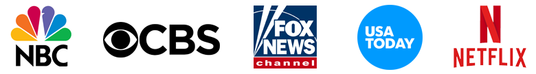 Logos of NBC, Fox News Channel, USA Today, and Netflix displayed in a horizontal arrangement.