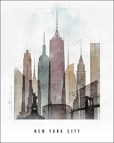 Artistic representation of the New York City skyline featuring iconic buildings and structures.