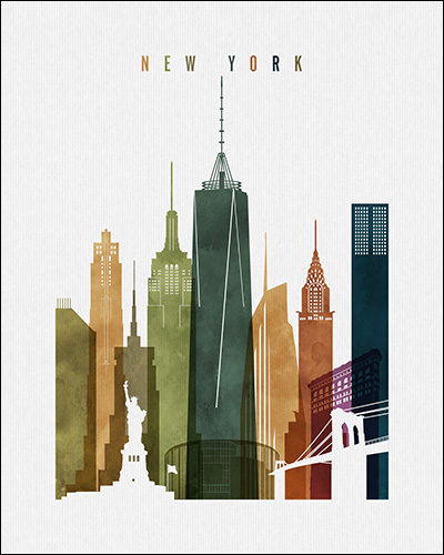 Artistic representation of the New York City skyline with notable buildings and landmarks.