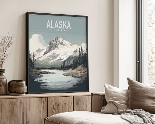 Art print featuring a mountain landscape with the text 'Alaska United States' at the top.