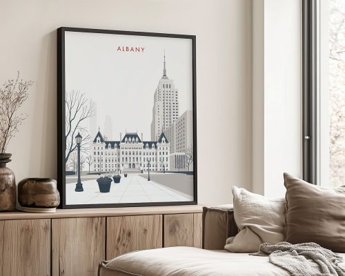 Minimalist artwork depicting a stylized view of Albany with prominent buildings and trees.
