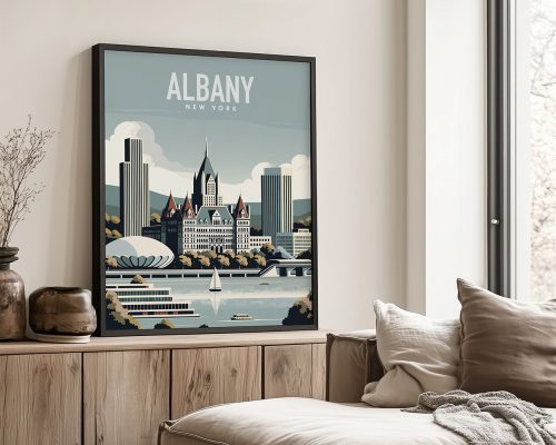 Framed artwork of Albany, New York featuring city skyline and river view.
